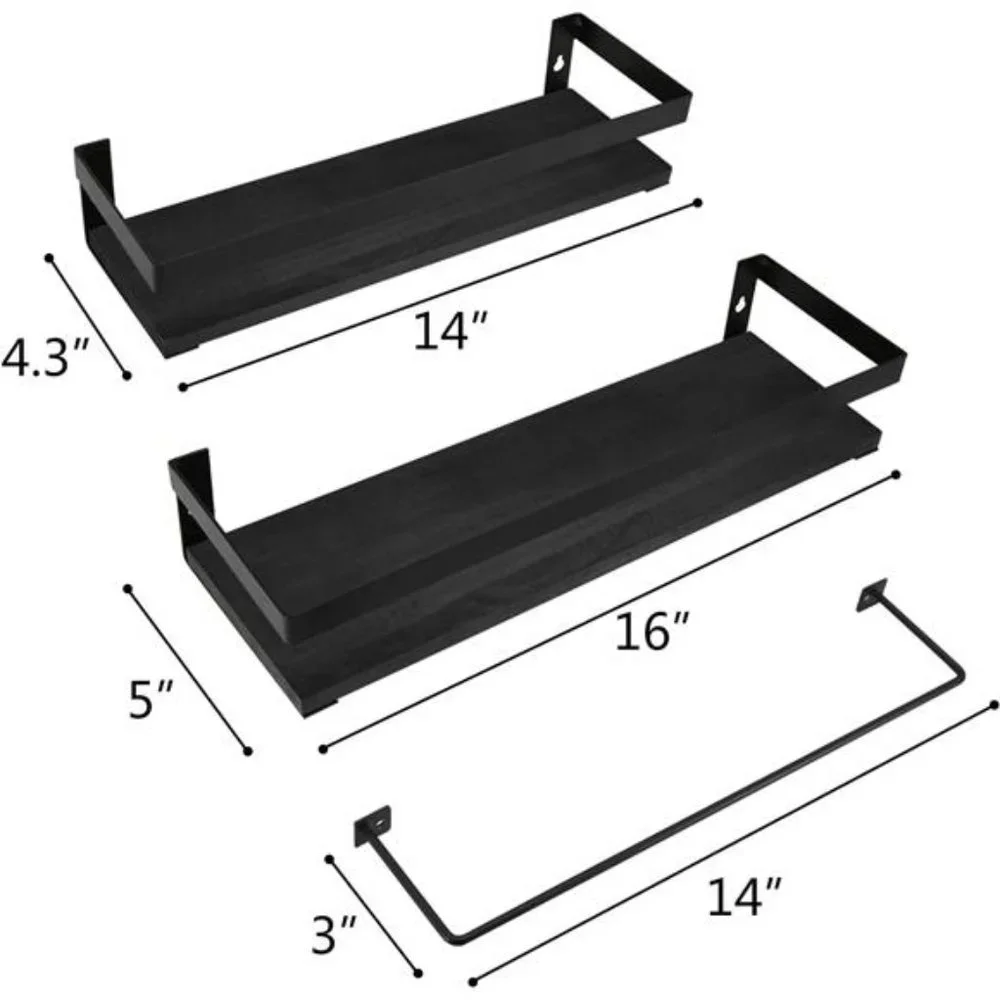 Bathroom Storage Shelf Wall Mounted Set of 2 with Removable Towel Bar (Black)